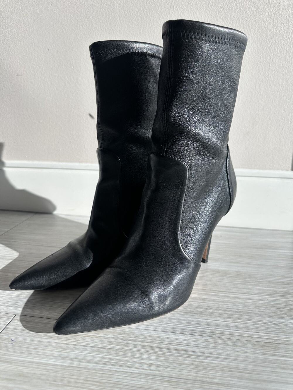Stuart Weitzman Power 75MM Leather Ankle Boots Pointed-Toe Stiletto Sz 6.5